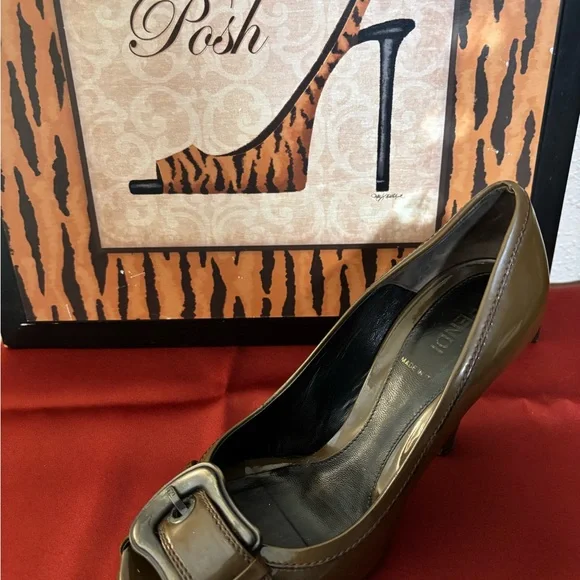 Fendi Olive/Army Green Patent Leather Buckle Peep-Toe Heels - Picture 13 of 16